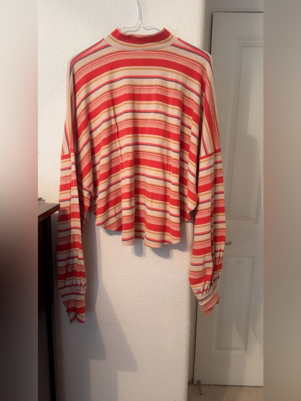 Free People Red and Cream Striped Long-Sleeve Tee Cropped Flowy Top